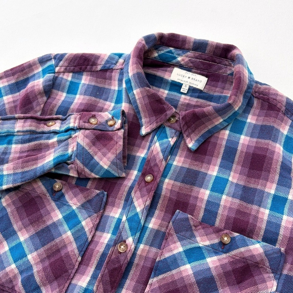 Lucky Brand Purple Blue Plaid Flannel Button Down Shirt Pocket Front Size Small